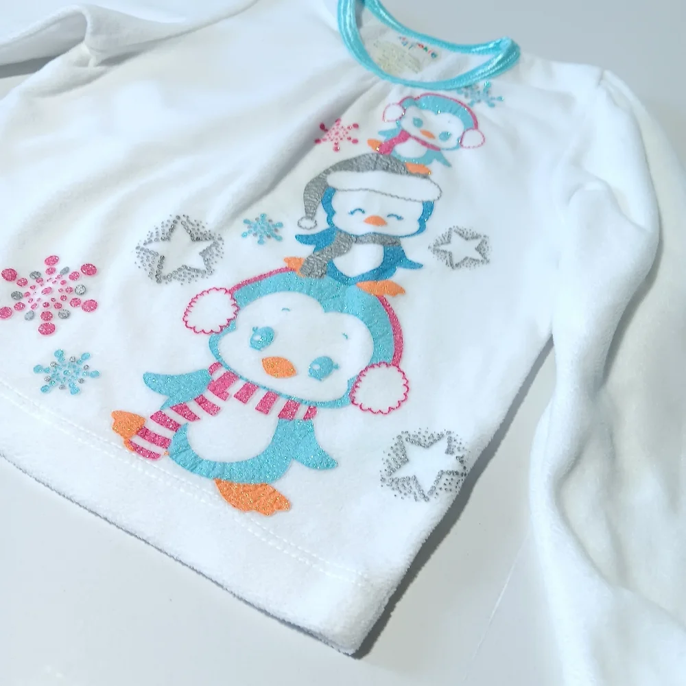 Girls' Blue And White Winter Fleece Pajamas with Penguin Design Size 4T